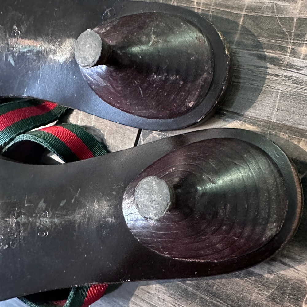 Gucci GG Logo Sandals Kitten‎ Heels THONGS Flip Flop Slides Brown Green Red 9.5 - Picture 12 of 16